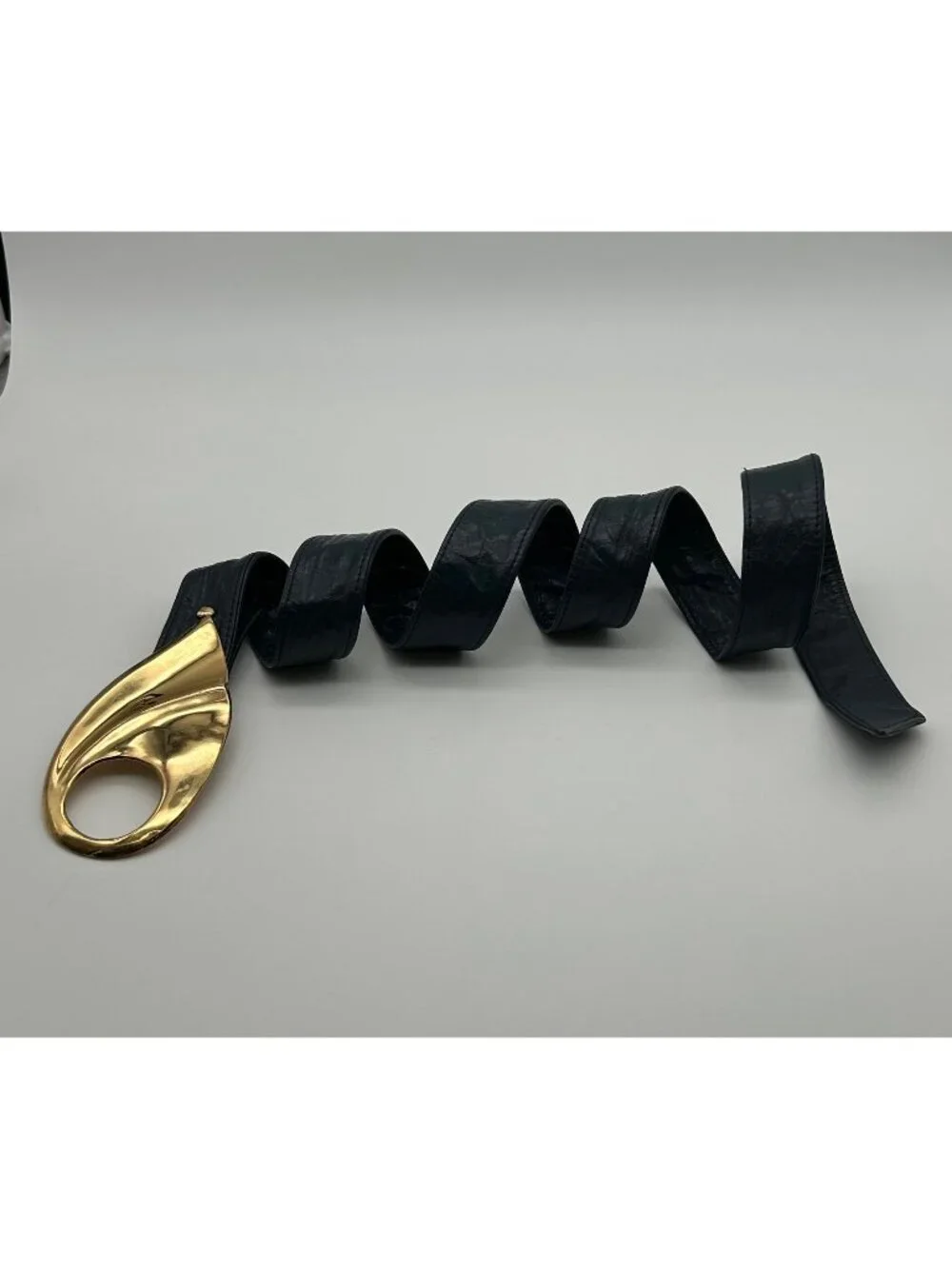 Vintage 1983 MZA Of NY Belt Navy Blue Leather Sculptural Gold Abstract Buckle